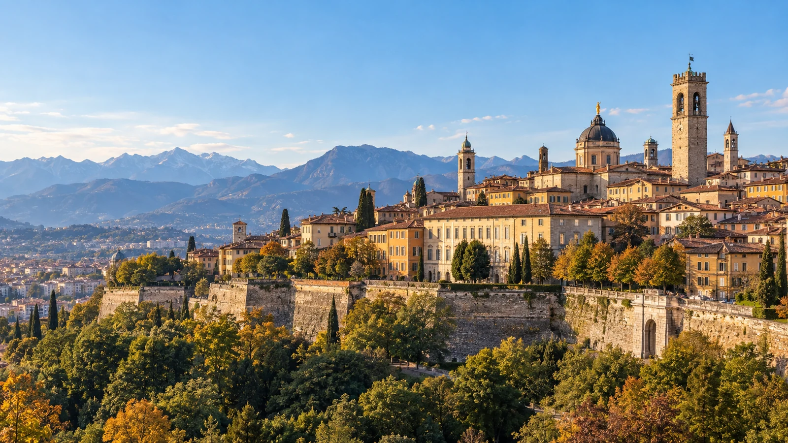 Panorama illustrativo di Bergamo Città Alta e delle mura venete